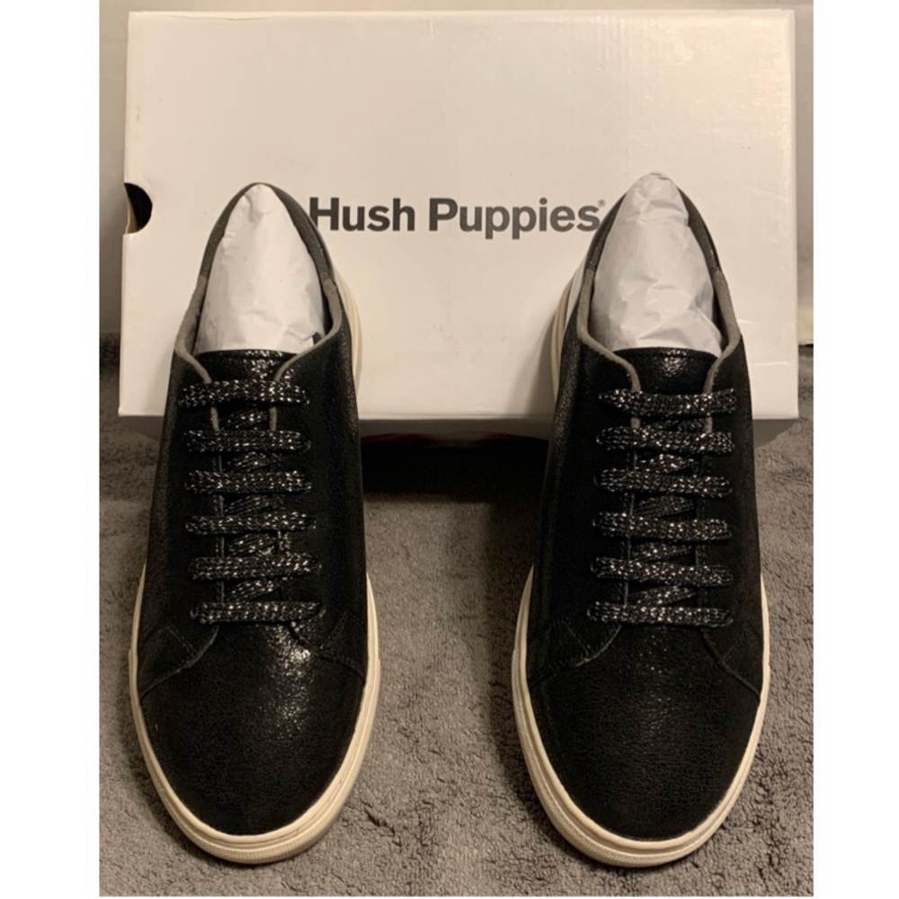 🦜 HUSH PUPPIES Manda Black Leather Lace-up Sneakers Walking Shoes NIB 8